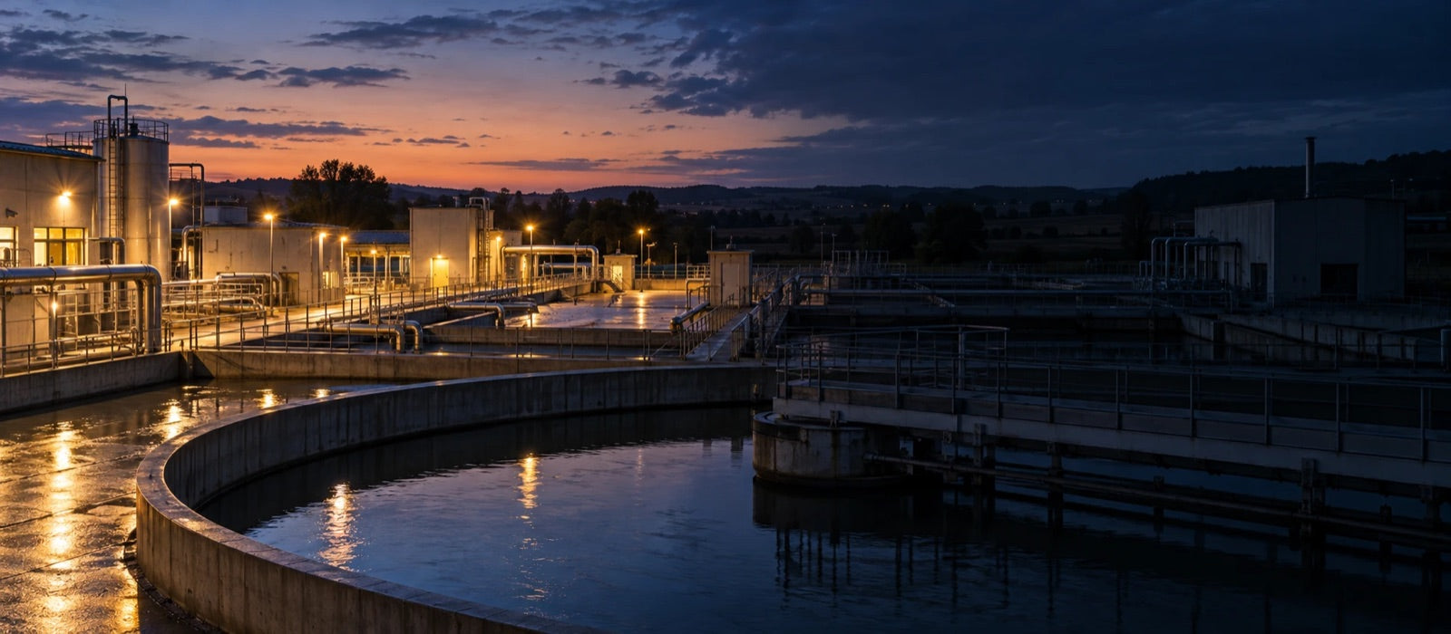 Usine de traitement d'eau au crépuscule, une moitié éclairée, l'autre dans le noir