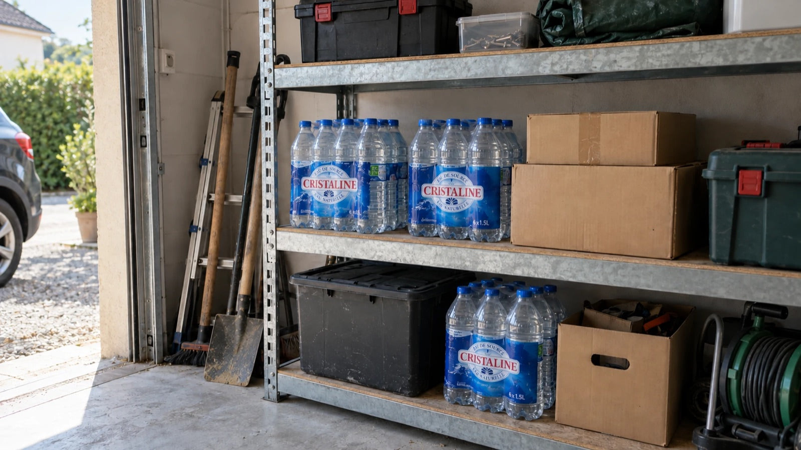 Étagère de garage avec quelques packs d'eau en bouteille