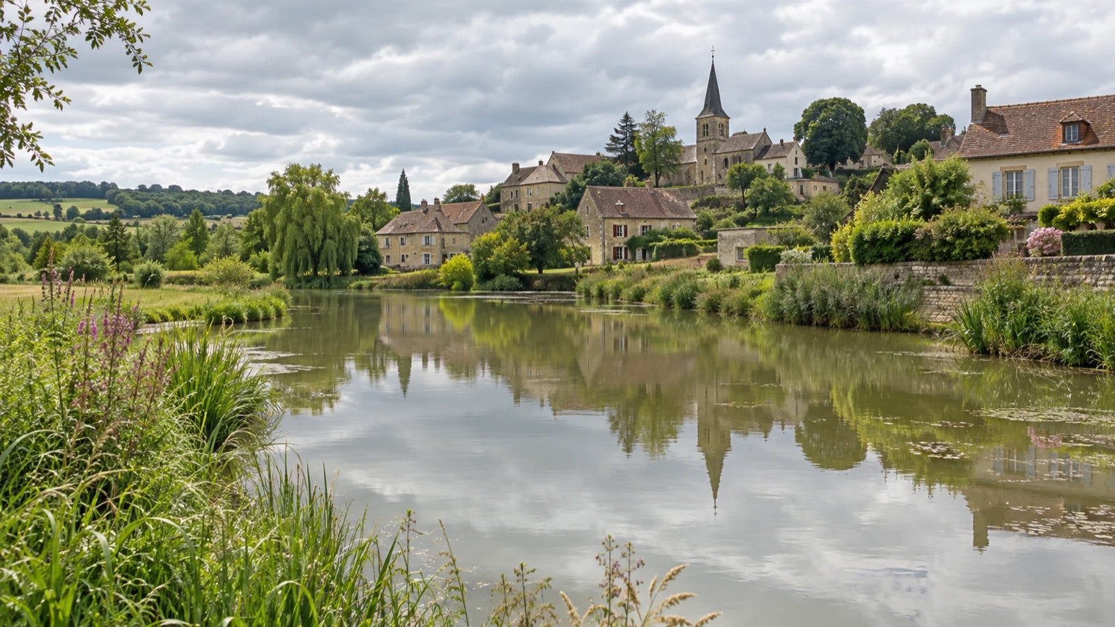 Étang au pied d'un village français