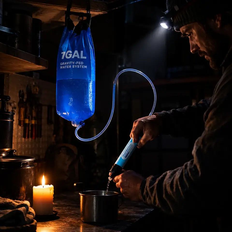 Un homme filtre l'eau avec le PURE-01 à la lueur d'une bougie pendant une coupure de courant